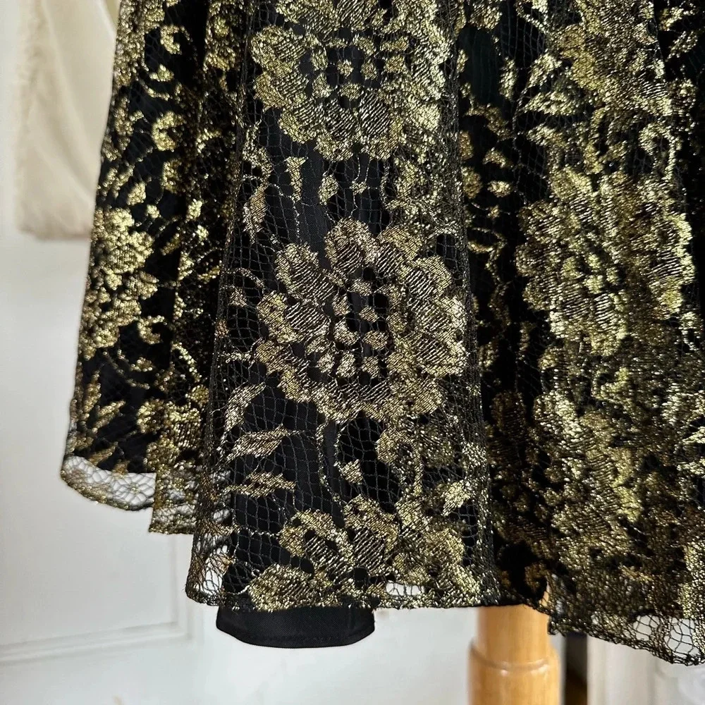 Vintage 80s Sequin Evening Dress Black Gold Floral Lace Size Small Formal